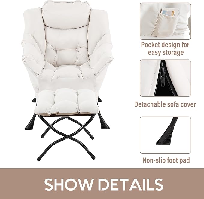 LITA Lazy Chair with Ottoman Modern Accent Leisure Upholstered Sofa Contemporary Lounge Reading Chair with Armrests and a Side Pocket for Living Room Bedroom &amp Small Space Beige