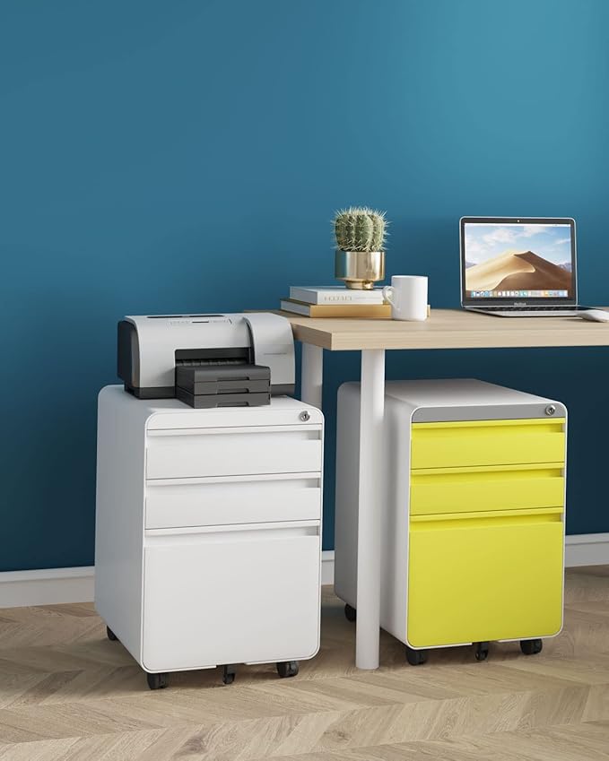 Dripex 3 Drawer File Cabinet Metal Filing Cabinets with Lock Wheels &amp Hanging Rail for A4/Legal/Letter File Anti-tilt Under Desk Design Lockable Rolling Mobile File Cabinet for Home Office (Yel