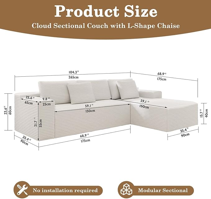 104 White Boneless Couch with Chaise Sectional Couches for Living Room L Shaped Couch 4 Seat SofaCompression Sofa for Bedroom Comfy No Assembly Corduroy(White Right)