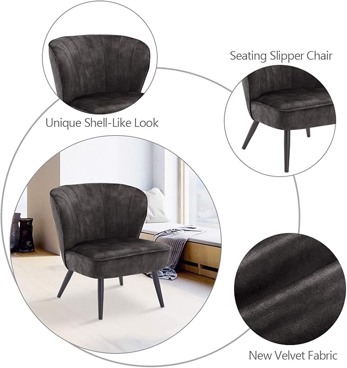 DUHOME Living Room Chair Armless Slipper Accent Chair Sofa Chair Reading Chair Upholstered Velvet Fabric for Bedroom Dark Grey