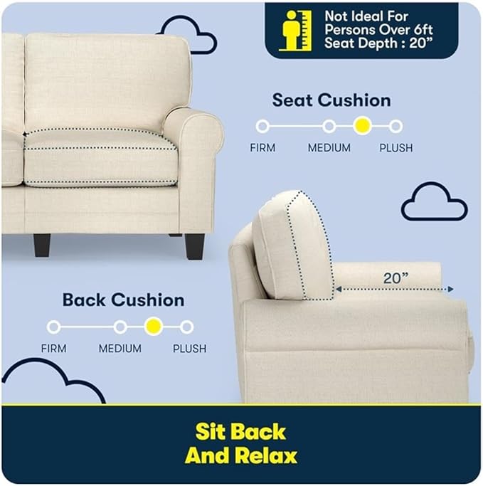 BOWERY HILL 61 Rolled Arm Loveseat Sofa Buttercream Polyester Fabric Compact Space-Saving Design Removable Covers High-Density Foam Cushions Sturdy Solid Wood Ideal for Living Room or Office
