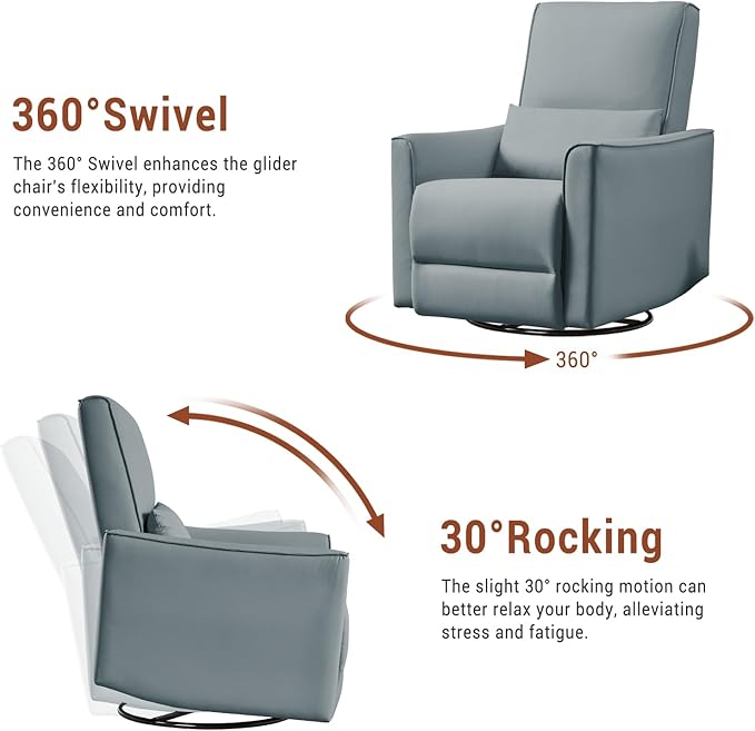 Swivel Rocking Recliner Chair Upholstered Faux Leather Glider Recliner with Lumbar Support High Backrest &amp Padded Armest Manual Nursery Recliner for Living Room (Manual Gray)
