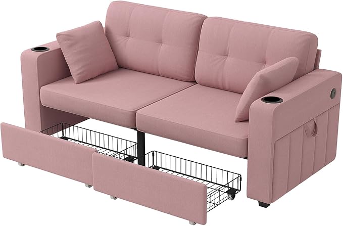 67 Small Loveseat Couch with Storage USB Charging and Cup Holder Space Saving Furniture Modern Chenille Love Seat Sofa Small Couches for Small Spaces Bedroom Apartment Pink