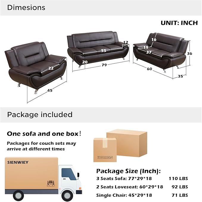 Modern Sofa and Loveseat Set Faux Leather 3 Seater Sofa 2 Seater Loveseat Button Tufted Seat Cushion Sectional Couches Living Room Furniture SetsBrown
