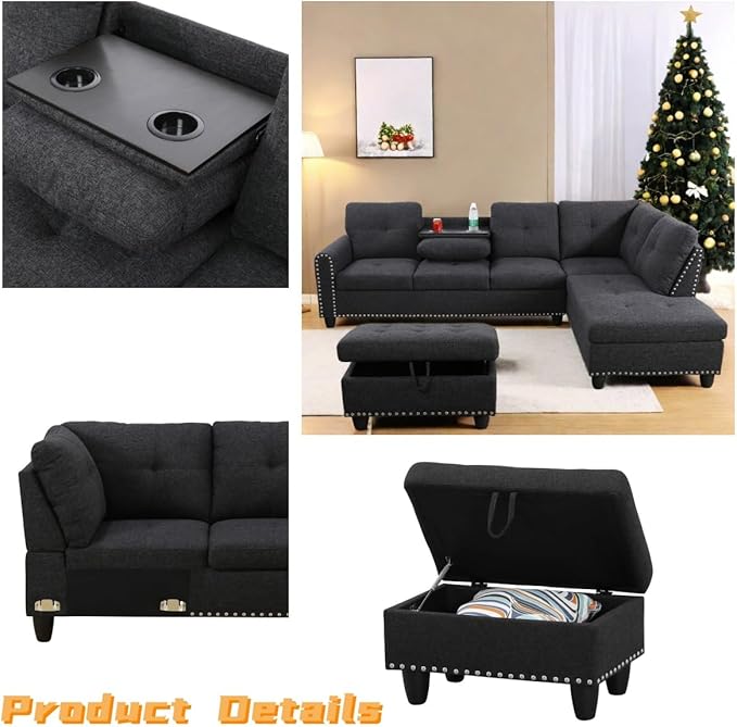 FONTOI L Shaped Sectional Couch with Otttoman 97 Sectional Sofa for Living Room Flannel Modular Couches with Cup Holders for Bedroom Apartments Black Grey