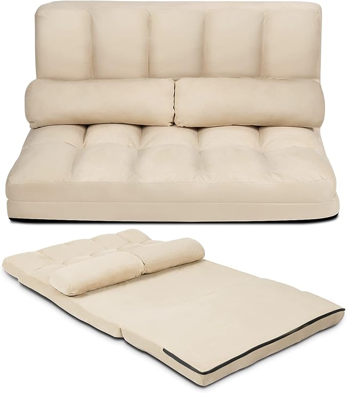 GOFLAME 6-Position Convertible Sofa Beige (Sponge High-Strength Steel Frame 330LBS Capacity Foldable Design for Easy Storage Modern Living Room)