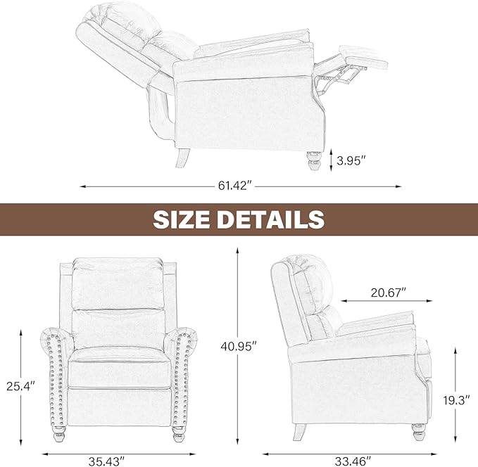 UIXE PU Leather Pushback Recliner Chairs Set of 2 Overstuffed Armchair Push Back Accent Chair for Living Room Rivet Trim Club Chair Home Theater Single Sofa Bedroom Side Reading Seat - Gray