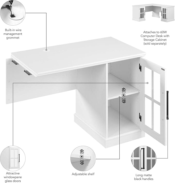 Bush Home Westbrook 42W Computer Desk Return with Storage in Ash White | Farmhouse Desk for Home Office Workspace