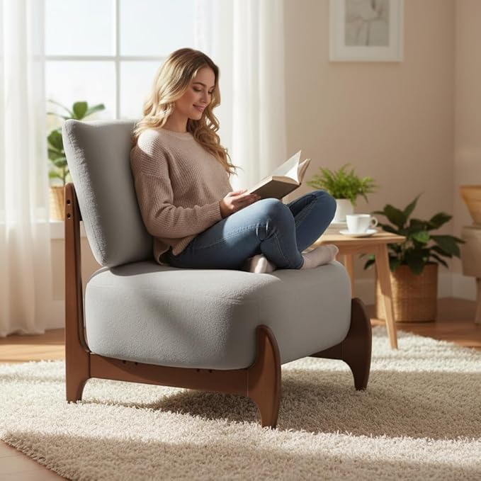 Modern Living Room Accent Chair Teddy Fleece Solid Rubberwood Frame Contemporary Lounge Seating for Reading Corner (Gray)