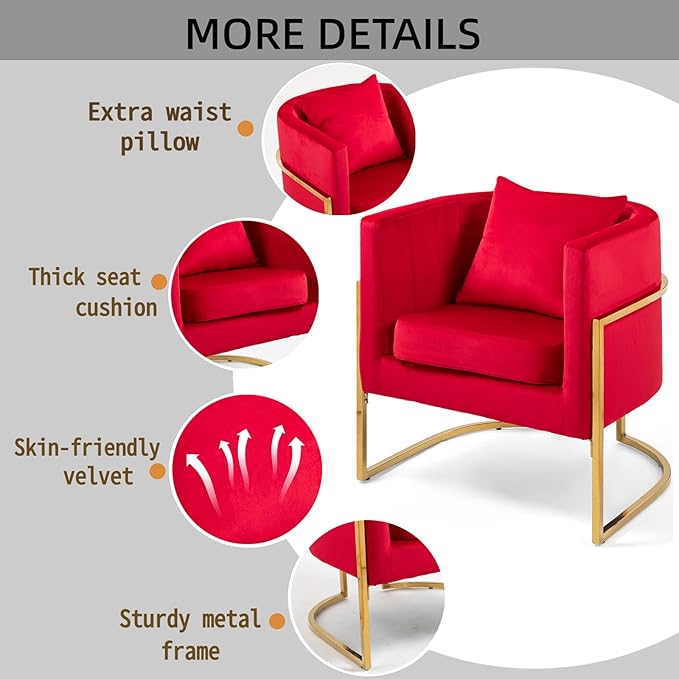 Modern Velvet Accent Chair with Lumbar Pillow Mid-Century Upholstered Barrel Armchair for Living Room Bedroom Single Sofa Club Reception Chair with Golden Metal Legs Rose Red