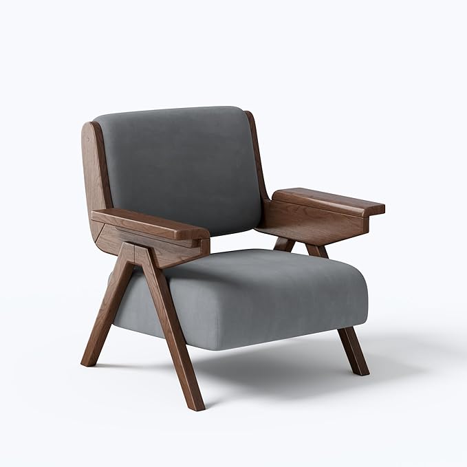 Mid Century Modern Accent Chair Fabric Upholstered Lounge Arm Chair with Solid Wood Frame for Living Room Bedroom Office Reading Corner (Gray Single Chair)