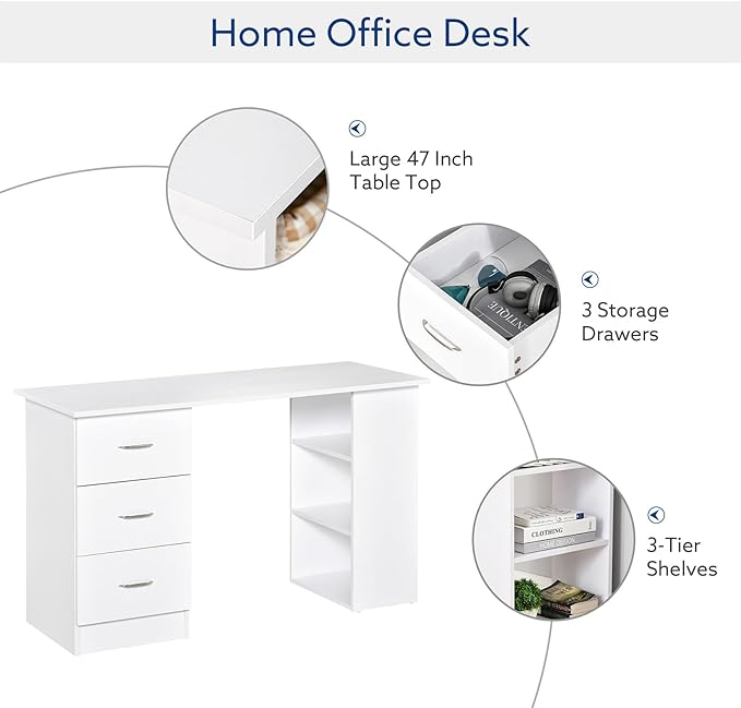 47 inches Modern Home Office Computer Desk Bookcase Combo Writing Table Workstation with 3 Drawer and Storage Shelf Modern Writing Desk Study Writing Table for Small Spaces White