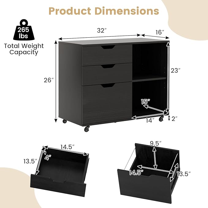 3 Drawer File Cabinet Wood Lateral Filing Cabinet for Hanging Letter A4 Legal Size Rolling Printer Stand with Adjustable Shelf Under Desk Storage for Home Office (Black)