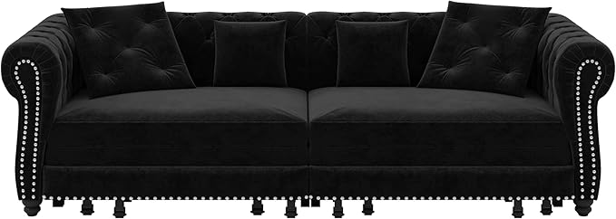 89'' Pull Out Sofa Bed King Chesterfield Velvet Sleeper Sofa Convertible L-Shaped Futon Couch Tufted Back 4 Pillows Ottoman Deep Seat Loveseat Couches for Living Room Apartment Black