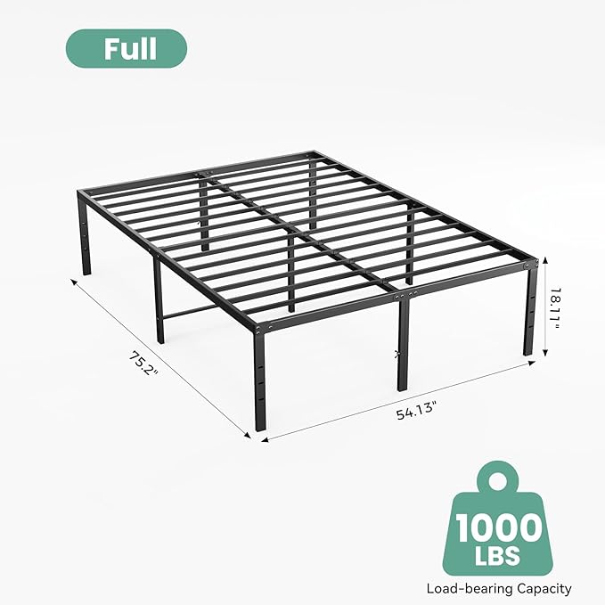 Sweetcrispy Full Size 18 Inch Platform Bed Frame Heavy Duty Metal Foundation Frame Noise-Free Sturdy Steel Slats Underbed Storage No Box Spring Needed Quick Setup