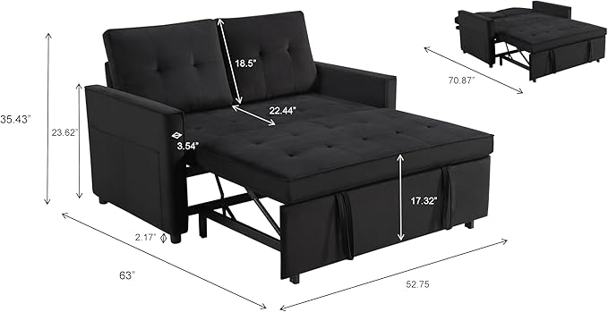 Sofa Bed Pull Out Couch with Side Pockets 3 in 1 Velvet Fabric Loveseat Sleeper Sofa Bed Pull Out Couch with Adjustable Backrest for Living Room Bedroom Apartment Black 53 Inch