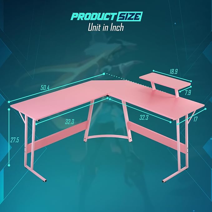 L Shaped Gaming Desk Computer Corner Desk PC Gaming Desk Table with Large Monitor Riser Stand for Home Office Sturdy Writing WorkstationPink