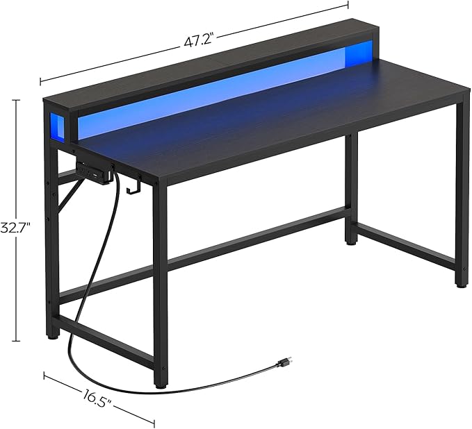 47.2 Computer Desk with Charging Station and LED Lights Gaming Desk with Monitor Stand 2-Tier Home Office Desk with 4 Side Hooks for Living Room Home Office Black DN12UDBB