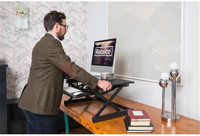 Pemberly Row 38 Height Adjustable Standing Desk Converter Black Finish Metal Construction Large Work Surface Ergonomic Retractable Keyboard Tray Grommet Hole Sit-to-Stand Home Office Desk
