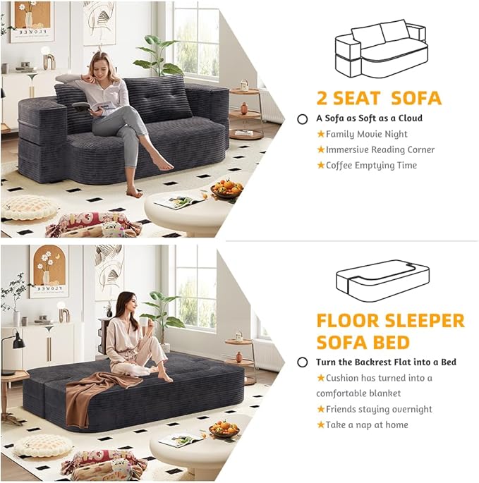 78.7 Folding Futon Corduroy Sleeper Sofa Bed Convertible Floor Boneless Sofa Full Size Compression Loveseat with 2 Pillows No Assembly 2-in-1 Foldable Couch for Living Room (Dark Gray)