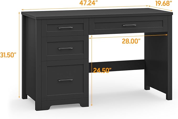 Vabches Farmhouse 47 Executive Desk with File Drawer Workstation for Home Office Study WritingWood Computer Desk with 3 Storage Drawers.(Black