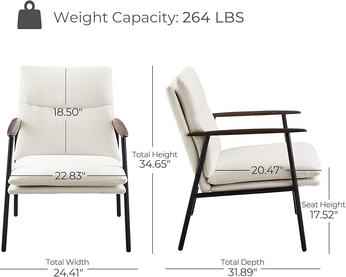 Zouron Upholstered Accent Chair with Metal Frame Modern Living Room Reading Chair with Wooden Armrests and Cushion Back Beige