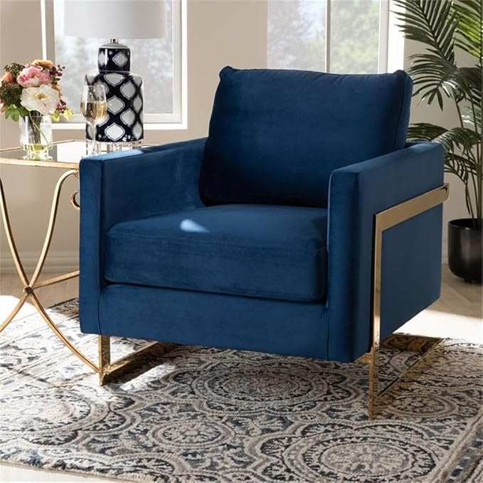BOWERY HILL Velvet Accent Chair Royal Blue Upholstery Gold-Tone Stainless Steel Frame 34.3 H x 31.5 W x 33.9 D Removable Cushions Glam Modern Style Armchair for Living Room or Lounge Use