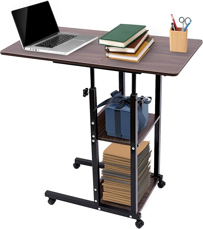 Portable Movable Computer Desk Height Adjustable Indoor C-Shaped Side Table Multifunctional Nightstand with 4 Universal Wheels and Storage Shelves for Living Room Bedroom Office Writing Desk