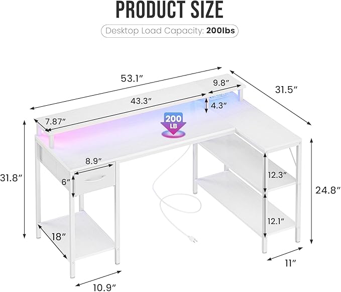 DUMOS 53” Gaming Desk with USB Charging Ports &amp LED Lights Reversible L Shaped Desks Computer Corner Gamer Table with Power Outlets Monitor Stand Storage Shelves for Home Office Small Space Whit
