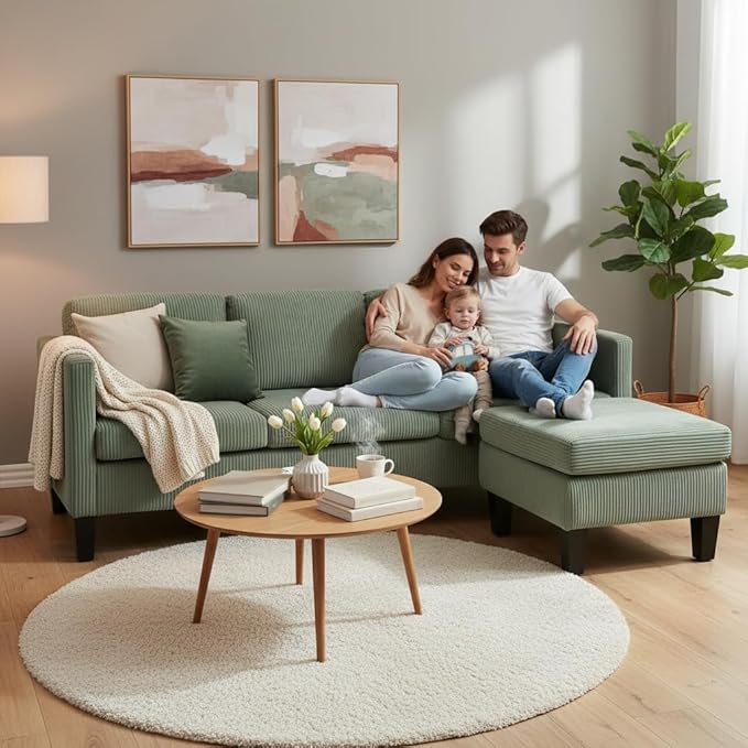 Modern L-Shaped Sofa with Corduroy Fabric 3-Seater Sectional Couch for Small Space Space-Saving Design Easy Assembly (Green)