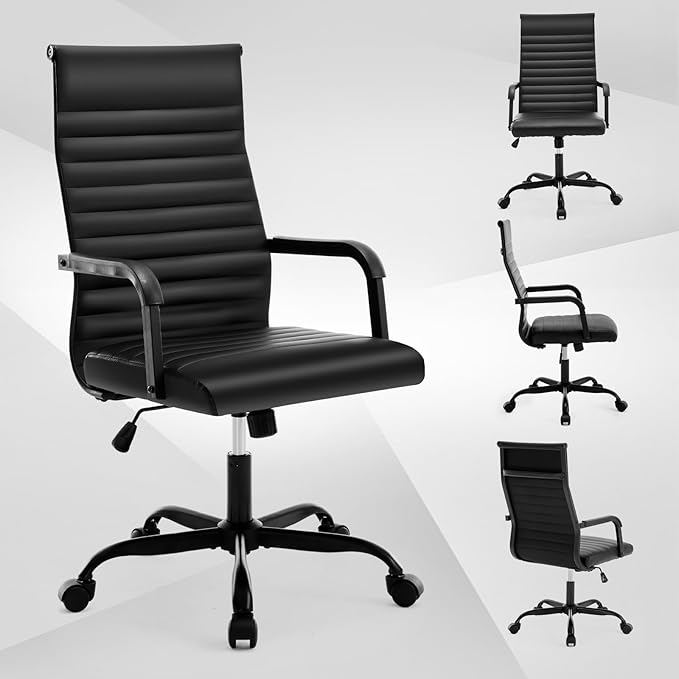 Office Chair Ergonomic Executive Conference Room Chairs Ribbed Leather Desk Chair with Lumbar Support Adjustable Height Mid-Back Swivel Chair with Padded Seat and Square Tube Armrests