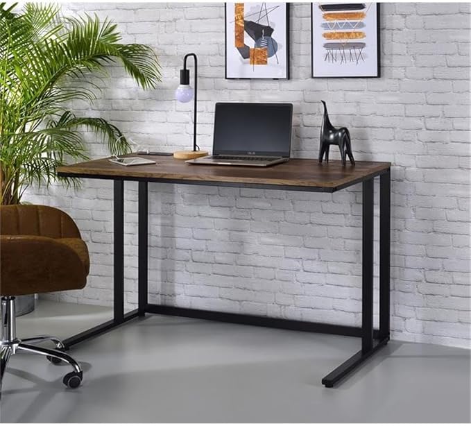 Pemberly Row Wooden Writing Desk with USB Port Rectangle Top Walnut and Black Finish MDF and Metal Construction 47 W x 24 D x 30 H Modern Style Office Desk for Work or Home