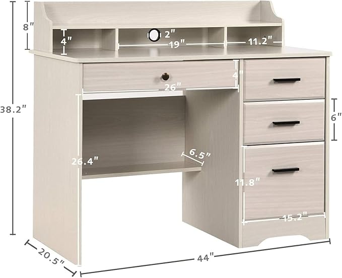 White Home Office Desk with 4 Drawers &amp Hutch Computer Table for Bedroom Off-White