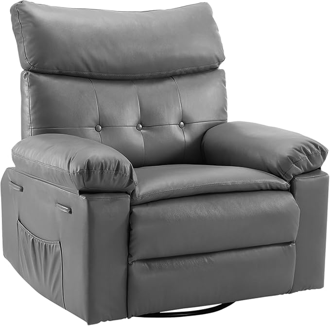 Oversized Wide Rocker Swivel Recliner Chair PU Leather Manual Recliner for Adults Large Nursery Glider Chair with Comfortable Arms &amp Back for Living Room BedroomGray