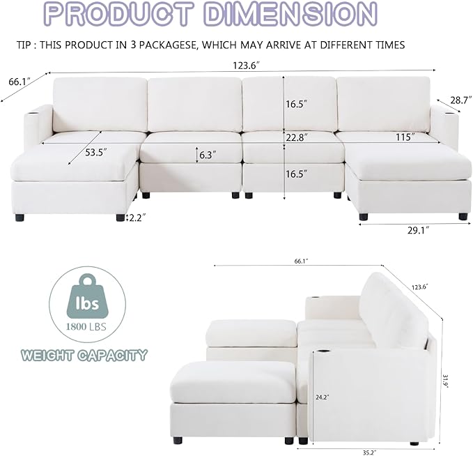 123 Large Modular Sectional SofaModern U-Shaped Sectional couch with Storage6-Seater Deep Seat Chenille Fabric Sofa for Living Room L-Shape Convertible with Movable Ottoman &amp Cup Holders (Whit