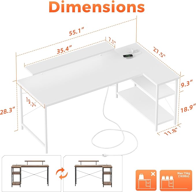 Mericonia Small L Shaped Computer Desk with Power Outlets Reversible Gaming Desk with Storage Shelves &amp Monitor Stand Corner Gamer Desk Table Study Writing Table