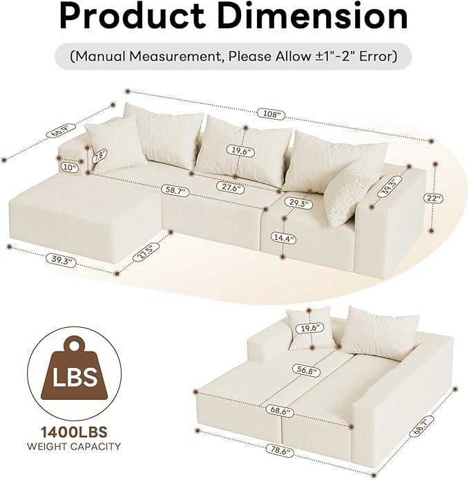 Vamcheer Modular Sectional Sofa - Modern L Shaped Boneless Couch with Deep Seat Upholstered Sectional Couches for Living Room Bedroom Office No Assembly Required Cream