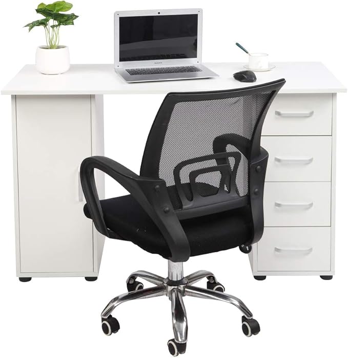 Rolling Computer Desk with Drawers and Storage Home Office Desk Modern Work Study Writing Table Desk for Small Spaces White Mobile Desk Desk on Wheels Computer Desk Laptop Table 120 x 54 x 74CM