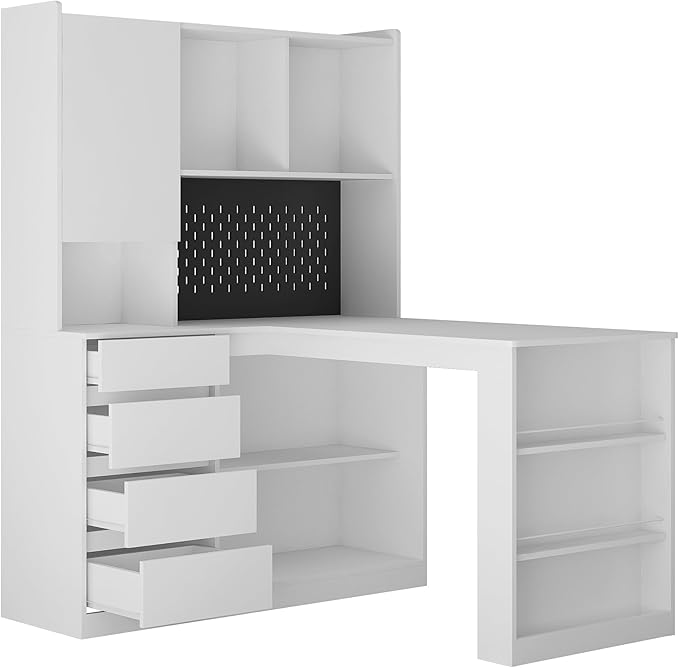 White L-Shaped Home Office Desk with Hutch &amp Drawers Modern Corner Desk with LED Light &amp Bookshelf Wood Study Writing Table Gaming Computer Desk for Bedroom Home