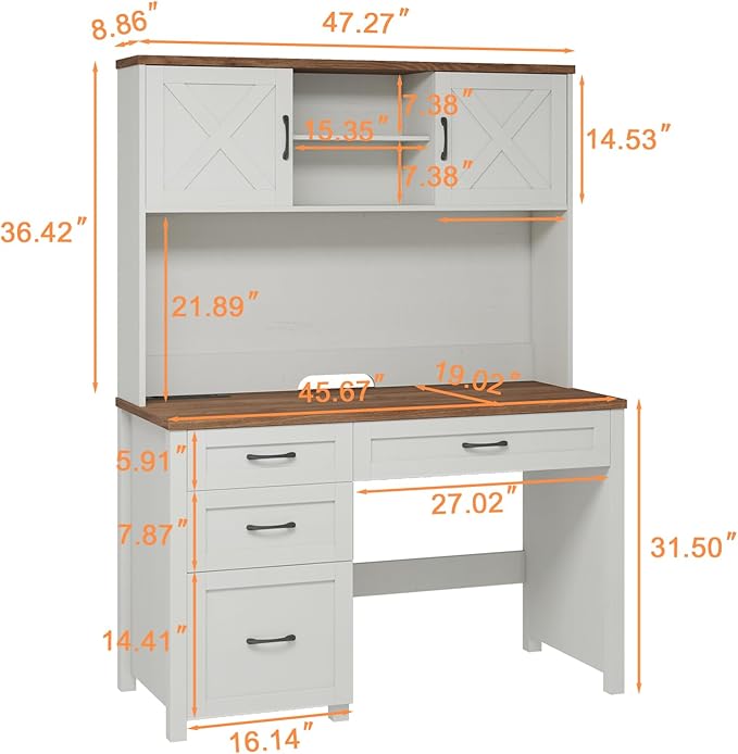 Farmhouse 67 H Executive Desk with HutchOffice Table with 4 Drawers and LED light Computer Desk with Storage Cabinet &amp File Drawers and Charging Station Wood Workstation for Home Office and St