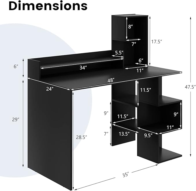 Tangkula Computer Desk with Storage Bookshelf &amp Hutch 48” Modern Home Office Desk with 8 Storage Shelves Space Saving Writing Study Desk for Bedroom Compact Computer Workstation for Home (Black