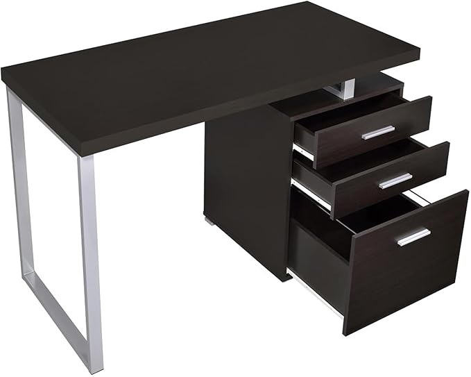 CARTESIAN Vertex Reversible 47 Inch Office Computer Desk with 3 Drawers Cappuccino Finish Silver Metal Frame