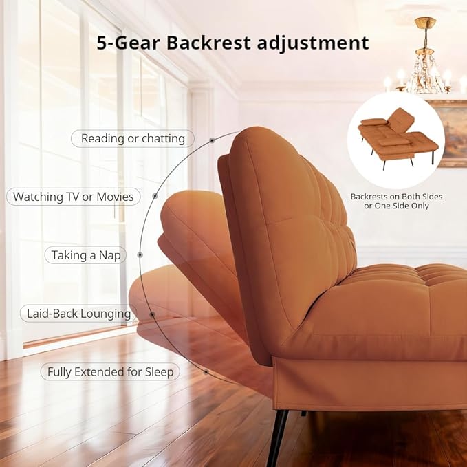 COMHOMA Convertible Sofa Bed68″Fabric Couch with Adjustable BackrestLoveseat Recliner Sleeper Living Room Furniture futon SetOrange