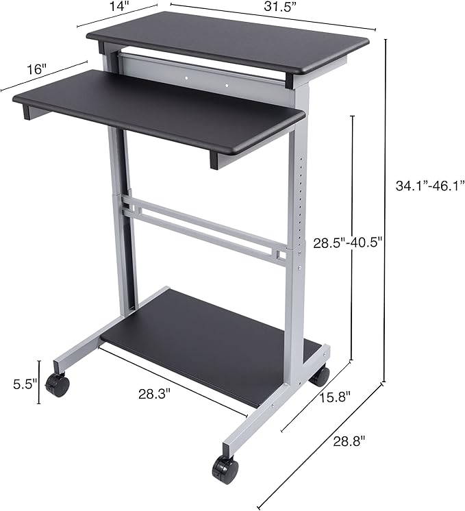 S STAND UP DESK STORE Rolling Adjustable Height Two Tier Standing Desk Computer Workstation (Silver Frame/Black Top 32 Wide)