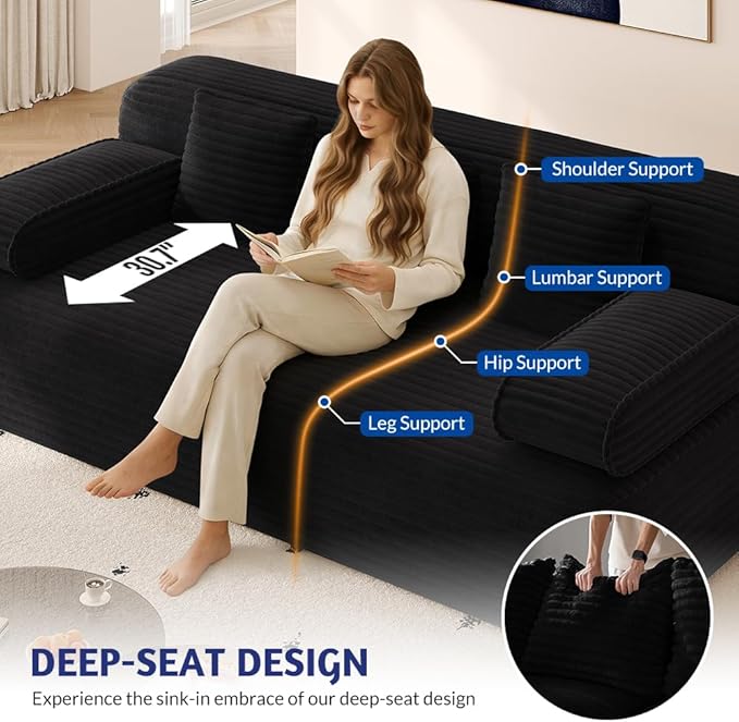 78.7 Queen Convertible Sofa Bed 2-in-1 Corduroy Folding Floor Couch with 3 Pillows Sleeper Sofa for Living Room and Bedroom No Assembly Required (Black)