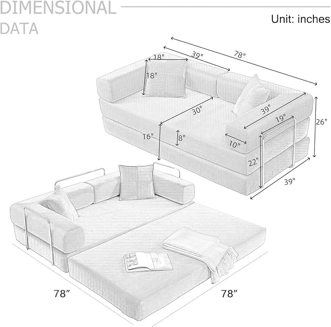 Convertible Sleeper Sofa Bed Boneless Couch with Fixed-Shape Frame 78 Corduroy Fold Out Floor Sofa Couch Modern Foldable Mattress Couches for Living RoomBlue