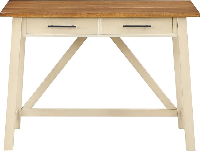 OSP Home Furnishings Milford Rustic 42 Inch Writing Desk with 2 Drawers and Burnished Decorative Hardware Antique White