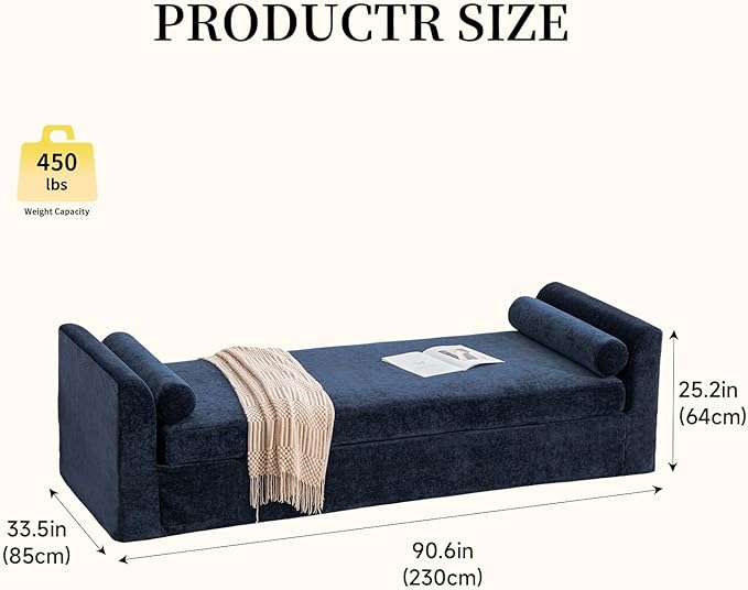 Chifee &amp Vingol 90.55 W Oversized Chaise Lounge Upholstered Bedroom Benches Extra-Long Indoor Bench Entryway Bench with Removable Pillows for Living Room HallwayNavy