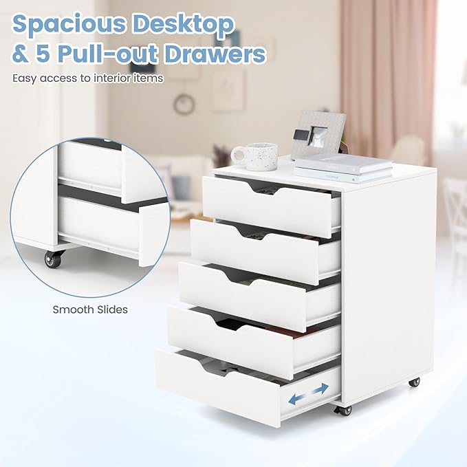 File Cabinet Mobile Filing Cabinet w/Universal Wheels &amp 5 Drawers Wood Printer Stand with Storage Rolling File Cabinets for Home Office Living Room Bedroom (White 5 Drawers)