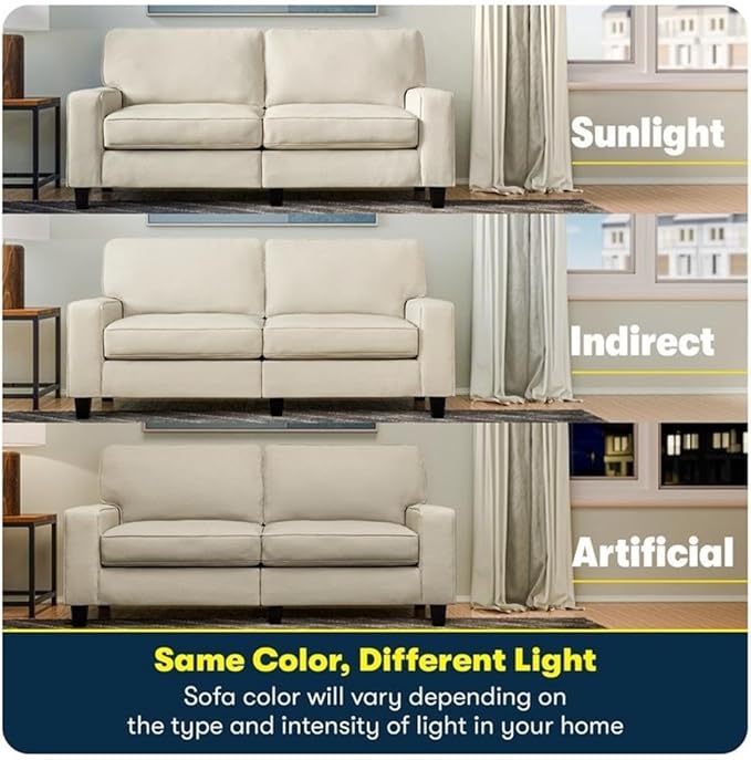 Pemberly Row 61 Track Arm Sofa Loveseat Buttercream Polyester Upholstery Removable Covers Compact Space-Saving Design Solid Wood Frame Modern Minimalist Style for Living Room or Home Office